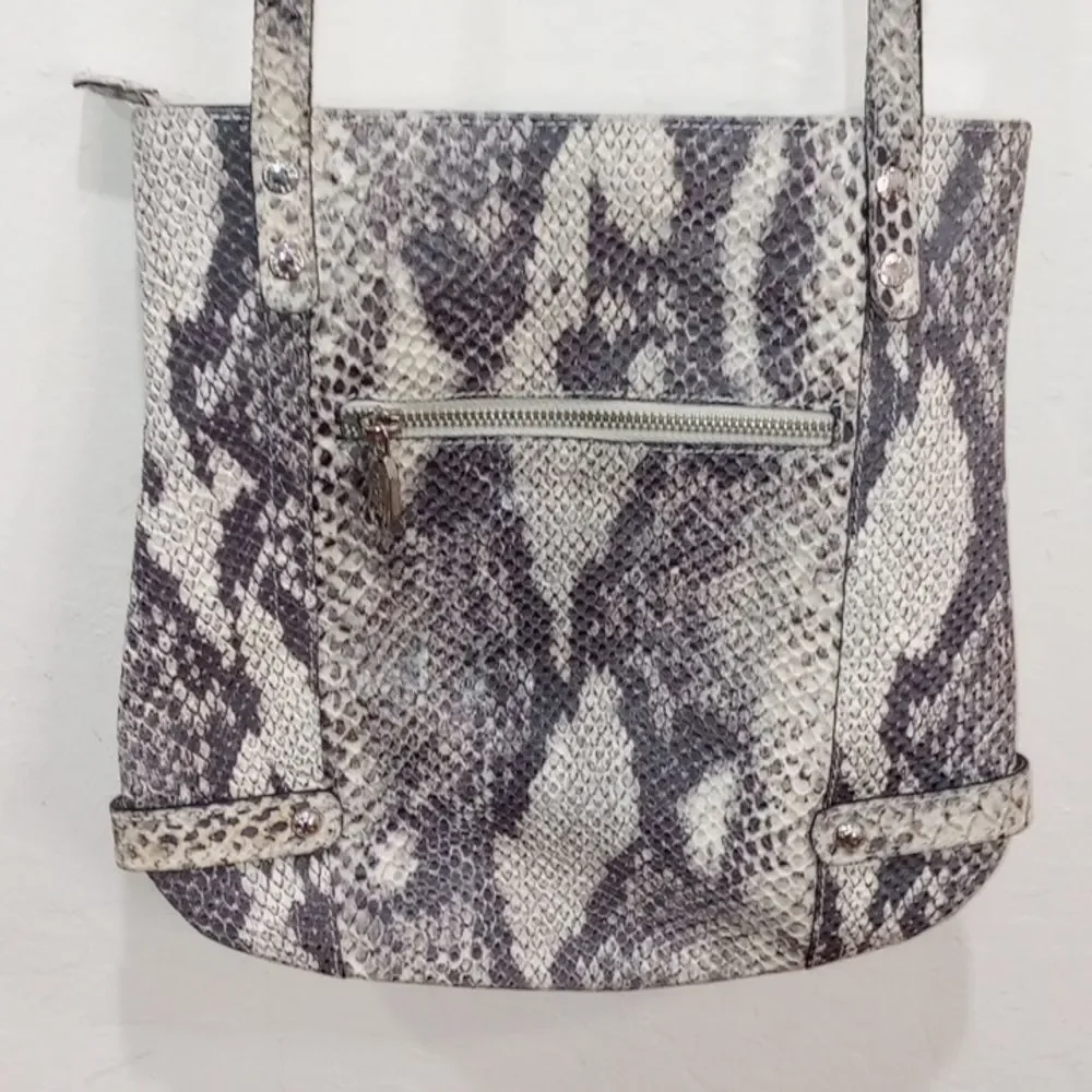 Prune Black & White Snake Skin Pattern Leather Satchel Tote Purse